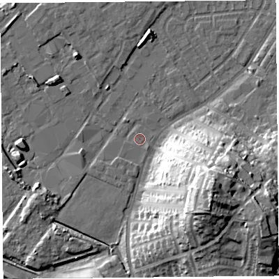 Shaded relief map of the ground around LA15NA, computed from Environment Agency LiDAR. The ground here sits at about 6 m above sea level and falls 32 m across the surrounding 800 m. Surface water reaching this point runs off ground lying to the south-south-west, 1.0 m higher.