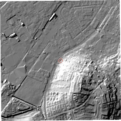 Shaded relief map of the ground around LA15NB, computed from Environment Agency LiDAR. The ground here sits at about 6 m above sea level and falls 32 m across the surrounding 800 m. Surface water reaching this point runs off ground lying to the south-east, 31.0 m higher.