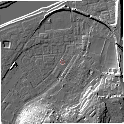 Shaded relief map of the ground around LA15PP, computed from Environment Agency LiDAR. The ground here sits at about 6 m above sea level and falls 27 m across the surrounding 800 m. Surface water reaching this point runs off ground lying to the north-east, 0.8 m higher.