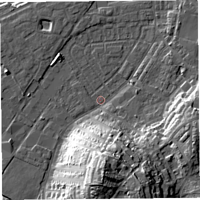 Shaded relief map of the ground around LA15PS, computed from Environment Agency LiDAR. The ground here sits at about 6 m above sea level and falls 35 m across the surrounding 800 m. Surface water reaching this point runs off ground lying to the south, 31.3 m higher.