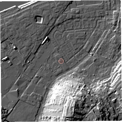 Shaded relief map of the ground around LA15PT, computed from Environment Agency LiDAR. The ground here sits at about 6 m above sea level and falls 35 m across the surrounding 800 m. Surface water reaching this point runs off ground lying to the south-south-east, 31.6 m higher.