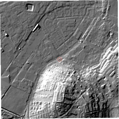 Shaded relief map of the ground around LA15PU, computed from Environment Agency LiDAR. The ground here sits at about 7 m above sea level and falls 32 m across the surrounding 800 m. Surface water reaching this point runs off ground lying to the south, 31.6 m higher.