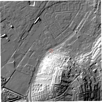 Shaded relief map of the ground around LA15PX, computed from Environment Agency LiDAR. The ground here sits at about 7 m above sea level and falls 32 m across the surrounding 800 m. Surface water reaching this point runs off ground lying to the south-south-east, 31.3 m higher.
