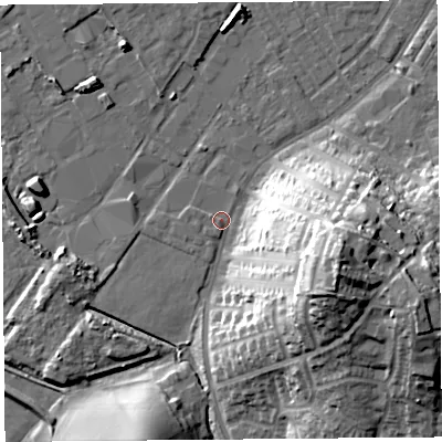 Shaded relief map of the ground around LA15QF, computed from Environment Agency LiDAR. The ground here sits at about 7 m above sea level and falls 32 m across the surrounding 800 m. Surface water reaching this point runs off ground lying to the east-south-east, 31.0 m higher.