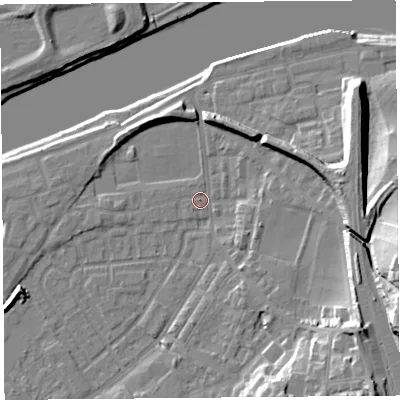 Shaded relief map of the ground around LA15QH, computed from Environment Agency LiDAR. The ground here sits at about 6 m above sea level and falls 25 m across the surrounding 800 m. Surface water reaching this point runs off ground lying to the east, 3.3 m higher.