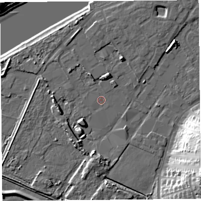 Shaded relief map of the ground around LA15QP, computed from Environment Agency LiDAR. The ground here sits at about 7 m above sea level and falls 27 m across the surrounding 800 m. Surface water reaching this point runs off ground lying to the north-north-east, 4.4 m higher.