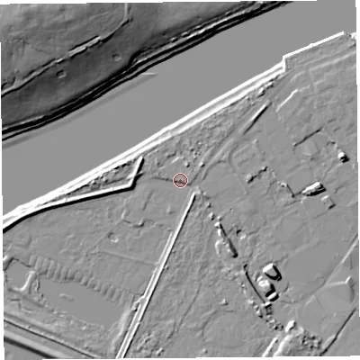 Shaded relief map of the ground around LA15QS, computed from Environment Agency LiDAR. The ground here sits at about 7 m above sea level and falls 29 m across the surrounding 800 m. Surface water reaching this point runs off ground lying to the south-east, 3.1 m higher.