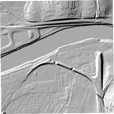Shaded relief map of the ground around LA15QT, computed from Environment Agency LiDAR. The ground here sits at about 7 m above sea level and falls 26 m across the surrounding 800 m. Surface water reaching this point runs off ground lying to the east-south-east, 12.1 m higher.