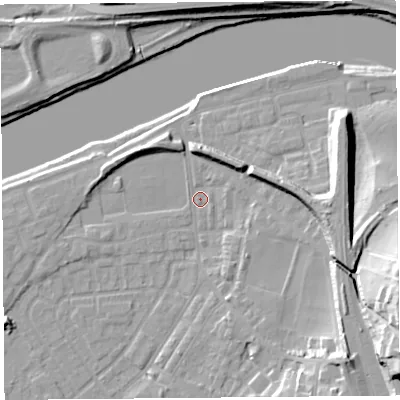 Shaded relief map of the ground around LA15QU, computed from Environment Agency LiDAR. The ground here sits at about 6 m above sea level and falls 29 m across the surrounding 800 m. Surface water reaching this point runs off ground lying to the east-north-east, 1.9 m higher.