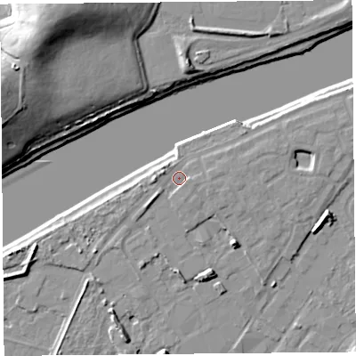 Shaded relief map of the ground around LA15QW, computed from Environment Agency LiDAR. The ground here sits at about 7 m above sea level and falls 23 m across the surrounding 800 m. Surface water reaching this point runs off ground lying to the south-west, 2.1 m higher.