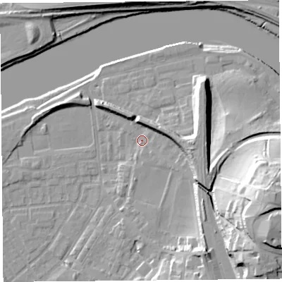 Shaded relief map of the ground around LA15QX, computed from Environment Agency LiDAR. The ground here sits at about 8 m above sea level and falls 38 m across the surrounding 800 m. Surface water reaching this point runs off ground lying to the east, 10.2 m higher.