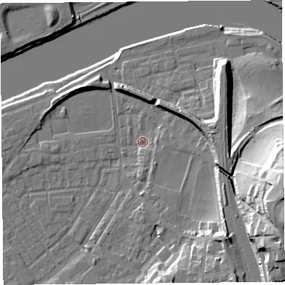 Shaded relief map of the ground around LA15RA, computed from Environment Agency LiDAR. The ground here sits at about 7 m above sea level and falls 36 m across the surrounding 800 m. Surface water reaching this point runs off ground lying to the east-south-east, 3.2 m higher.