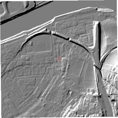 Shaded relief map of the ground around LA15RB, computed from Environment Agency LiDAR. The ground here sits at about 6 m above sea level and falls 34 m across the surrounding 800 m. Surface water reaching this point runs off ground lying to the east, 3.3 m higher.