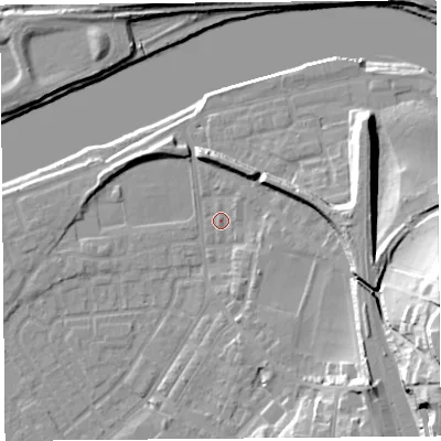 Shaded relief map of the ground around LA15RD, computed from Environment Agency LiDAR. The ground here sits at about 7 m above sea level and falls 33 m across the surrounding 800 m. Surface water reaching this point runs off ground lying to the east-north-east, 1.5 m higher.