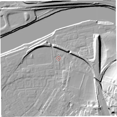 Shaded relief map of the ground around LA15RE, computed from Environment Agency LiDAR. The ground here sits at about 7 m above sea level and falls 33 m across the surrounding 800 m. Surface water reaching this point runs off ground lying to the east-north-east, 1.8 m higher.