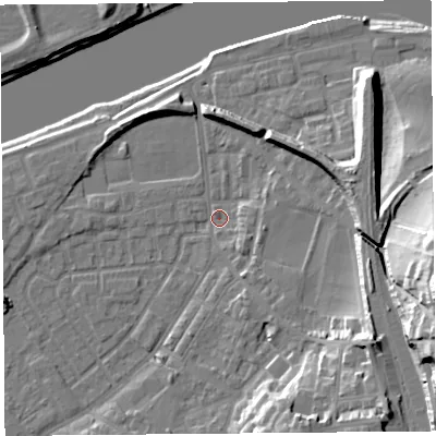 Shaded relief map of the ground around LA15RF, computed from Environment Agency LiDAR. The ground here sits at about 6 m above sea level and falls 33 m across the surrounding 800 m. Surface water reaching this point runs off ground lying to the east-north-east, 3.9 m higher.