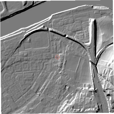 Shaded relief map of the ground around LA15RG, computed from Environment Agency LiDAR. The ground here sits at about 6 m above sea level and falls 34 m across the surrounding 800 m. Surface water reaching this point runs off ground lying to the east-north-east, 3.2 m higher.