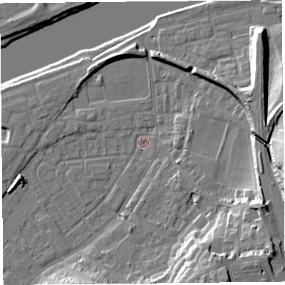 Shaded relief map of the ground around LA15RH, computed from Environment Agency LiDAR. The ground here sits at about 6 m above sea level and falls 22 m across the surrounding 800 m. Surface water reaching this point runs off ground lying to the north-north-west, 5.3 m higher.