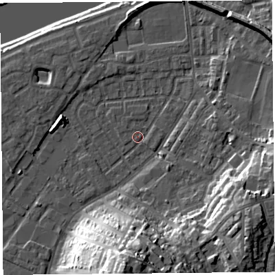Shaded relief map of the ground around LA15RJ, computed from Environment Agency LiDAR. The ground here sits at about 6 m above sea level and falls 34 m across the surrounding 800 m. Surface water reaching this point runs off ground lying to the north-east, 1.1 m higher.
