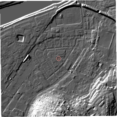 Shaded relief map of the ground around LA15RL, computed from Environment Agency LiDAR. The ground here sits at about 6 m above sea level and falls 31 m across the surrounding 800 m. Surface water reaching this point runs off ground lying to the south, 27.9 m higher.