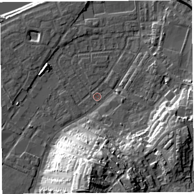 Shaded relief map of the ground around LA15RN, computed from Environment Agency LiDAR. The ground here sits at about 6 m above sea level and falls 35 m across the surrounding 800 m. Surface water reaching this point runs off ground lying to the south, 31.3 m higher.