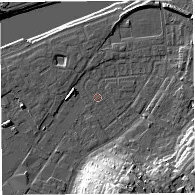 Shaded relief map of the ground around LA15RP, computed from Environment Agency LiDAR. The ground here sits at about 6 m above sea level and falls 33 m across the surrounding 800 m. Surface water reaching this point runs off ground lying to the south-west, 1.9 m higher.