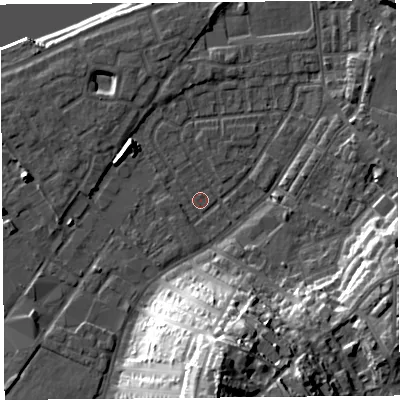 Shaded relief map of the ground around LA15RR, computed from Environment Agency LiDAR. The ground here sits at about 6 m above sea level and falls 35 m across the surrounding 800 m. Surface water reaching this point runs off ground lying to the south, 31.3 m higher.