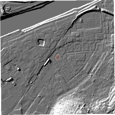 Shaded relief map of the ground around LA15RS, computed from Environment Agency LiDAR. The ground here sits at about 6 m above sea level and falls 25 m across the surrounding 800 m. Surface water reaching this point runs off ground lying to the west-south-west, 5.5 m higher.