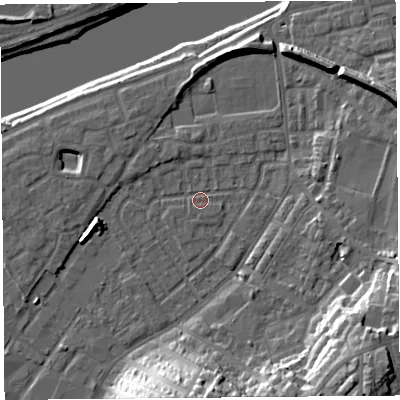 Shaded relief map of the ground around LA15RT, computed from Environment Agency LiDAR. The ground here sits at about 6 m above sea level and falls 20 m across the surrounding 800 m. Surface water reaching this point runs off ground lying to the north-north-east, 5.3 m higher.
