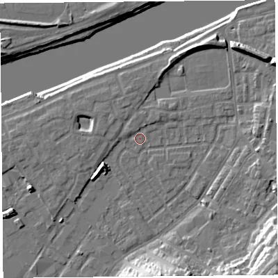 Shaded relief map of the ground around LA15RU, computed from Environment Agency LiDAR. The ground here sits at about 6 m above sea level and falls 18 m across the surrounding 800 m. Surface water reaching this point runs off ground lying to the north-west, 1.5 m higher.