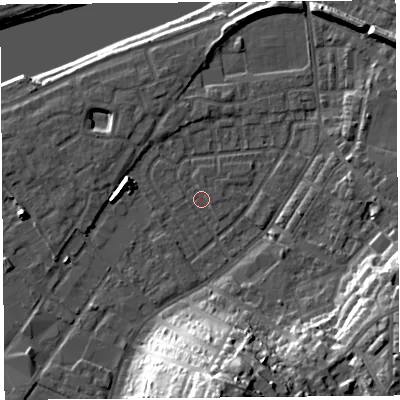 Shaded relief map of the ground around LA15RW, computed from Environment Agency LiDAR. The ground here sits at about 6 m above sea level and falls 34 m across the surrounding 800 m. Surface water reaching this point runs off ground lying to the south, 30.9 m higher.