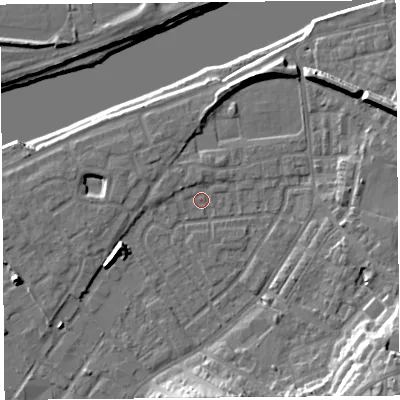 Shaded relief map of the ground around LA15RX, computed from Environment Agency LiDAR. The ground here sits at about 6 m above sea level and falls 19 m across the surrounding 800 m. Surface water reaching this point runs off ground lying to the north, 1.6 m higher.