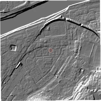 Shaded relief map of the ground around LA15RY, computed from Environment Agency LiDAR. The ground here sits at about 6 m above sea level and falls 19 m across the surrounding 800 m. Surface water reaching this point runs off ground lying to the north-west, 1.1 m higher.