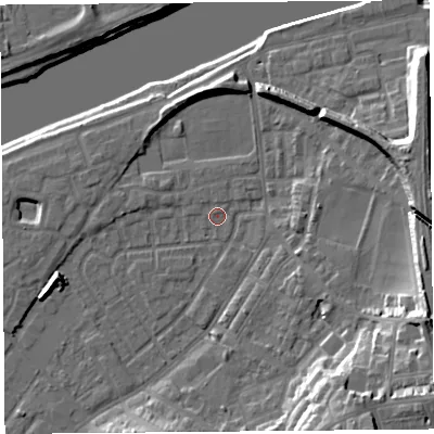 Shaded relief map of the ground around LA15RZ, computed from Environment Agency LiDAR. The ground here sits at about 6 m above sea level and falls 19 m across the surrounding 800 m. Surface water reaching this point runs off ground lying to the north-north-west, 0.6 m higher.