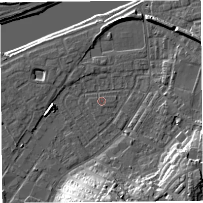 Shaded relief map of the ground around LA15SD, computed from Environment Agency LiDAR. The ground here sits at about 6 m above sea level and falls 25 m across the surrounding 800 m. Surface water reaching this point runs off ground lying to the south, 22.3 m higher.