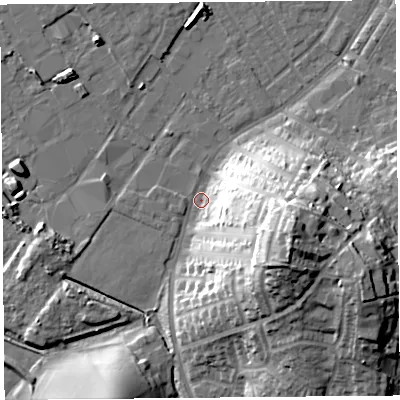 Shaded relief map of the ground around LA15SG, computed from Environment Agency LiDAR. The ground here sits at about 6 m above sea level and falls 32 m across the surrounding 800 m. Surface water reaching this point runs off ground lying to the east-south-east, 31.0 m higher.