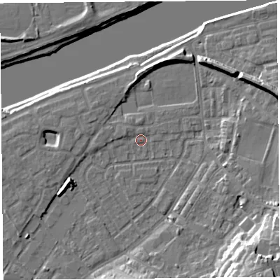 Shaded relief map of the ground around LA15SH, computed from Environment Agency LiDAR. The ground here sits at about 6 m above sea level and falls 19 m across the surrounding 800 m. Surface water reaching this point runs off ground lying to the west-north-west, 1.4 m higher.
