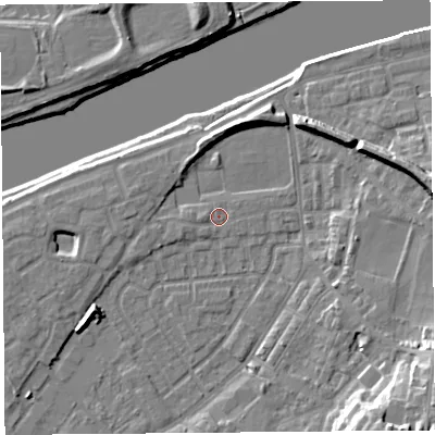 Shaded relief map of the ground around LA15SP, computed from Environment Agency LiDAR. The ground here sits at about 6 m above sea level and falls 17 m across the surrounding 800 m. Surface water reaching this point runs off ground lying to the north-north-east, 5.3 m higher.