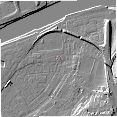 Shaded relief map of the ground around LA15SQ, computed from Environment Agency LiDAR. The ground here sits at about 6 m above sea level and falls 21 m across the surrounding 800 m. Surface water reaching this point runs off ground lying to the north-north-west, 5.3 m higher.