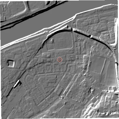 Shaded relief map of the ground around LA15SR, computed from Environment Agency LiDAR. The ground here sits at about 6 m above sea level and falls 19 m across the surrounding 800 m. Surface water reaching this point runs off ground lying to the north, 5.3 m higher.