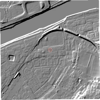 Shaded relief map of the ground around LA15SS, computed from Environment Agency LiDAR. The ground here sits at about 6 m above sea level and falls 17 m across the surrounding 800 m. Surface water reaching this point runs off ground lying to the north, 5.3 m higher.