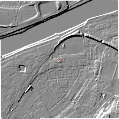 Shaded relief map of the ground around LA15SU, computed from Environment Agency LiDAR. The ground here sits at about 6 m above sea level and falls 16 m across the surrounding 800 m. Surface water reaching this point runs off ground lying to the south-west, 1.8 m higher.