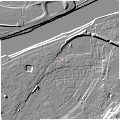 Shaded relief map of the ground around LA15SX, computed from Environment Agency LiDAR. The ground here sits at about 6 m above sea level and falls 16 m across the surrounding 800 m. Surface water reaching this point runs off ground lying to the west, 2.3 m higher.