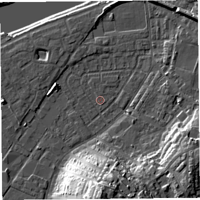 Shaded relief map of the ground around LA15SY, computed from Environment Agency LiDAR. The ground here sits at about 6 m above sea level and falls 34 m across the surrounding 800 m. Surface water reaching this point runs off ground lying to the south, 30.8 m higher.