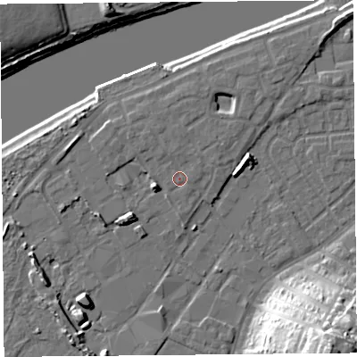 Shaded relief map of the ground around LA15SZ, computed from Environment Agency LiDAR. The ground here sits at about 7 m above sea level and falls 34 m across the surrounding 800 m. Surface water reaching this point runs off ground lying to the north, 0.8 m higher.