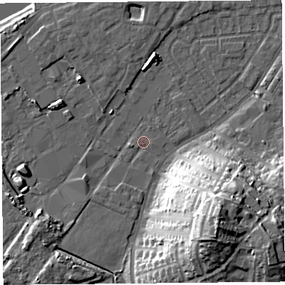 Shaded relief map of the ground around LA15TQ, computed from Environment Agency LiDAR. The ground here sits at about 6 m above sea level and falls 35 m across the surrounding 800 m. Surface water reaching this point runs off ground lying to the south, 1.4 m higher.