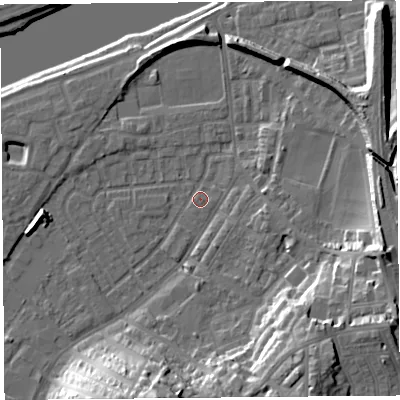 Shaded relief map of the ground around LA15TR, computed from Environment Agency LiDAR. The ground here sits at about 7 m above sea level and falls 24 m across the surrounding 800 m. Surface water reaching this point runs off ground lying to the north, 5.3 m higher.