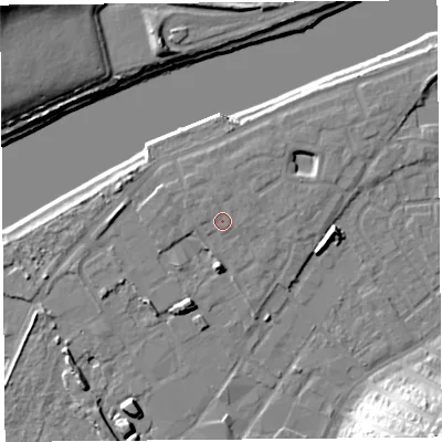 Shaded relief map of the ground around LA15TS, computed from Environment Agency LiDAR. The ground here sits at about 8 m above sea level and falls 24 m across the surrounding 800 m. Surface water reaching this point runs off ground lying to the north, 1.1 m higher.