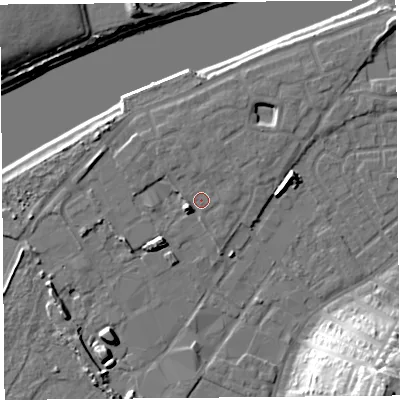Shaded relief map of the ground around LA15TT, computed from Environment Agency LiDAR. The ground here sits at about 7 m above sea level and falls 34 m across the surrounding 800 m. Surface water reaching this point runs off ground lying to the west-south-west, 3.3 m higher.