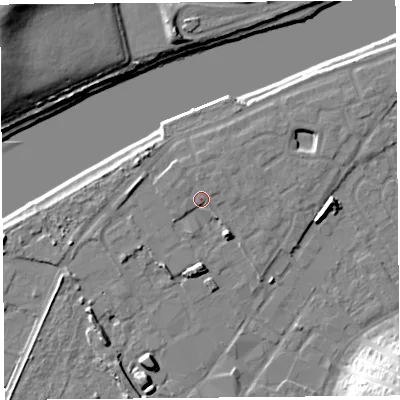 Shaded relief map of the ground around LA15TW, computed from Environment Agency LiDAR. The ground here sits at about 8 m above sea level and falls 24 m across the surrounding 800 m. Surface water reaching this point runs off ground lying to the south-south-west, 3.1 m higher.
